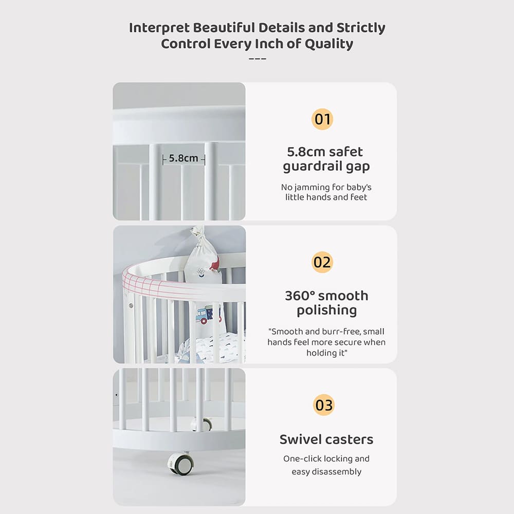 StarAndDaisy Convertible Round Baby Cot Bed with Multiple Height Adjustment with Mattress