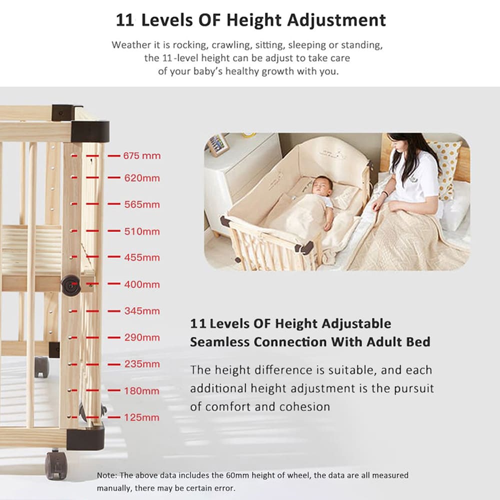 Baby Wooden Cot with 11 Level of Height Adjustments