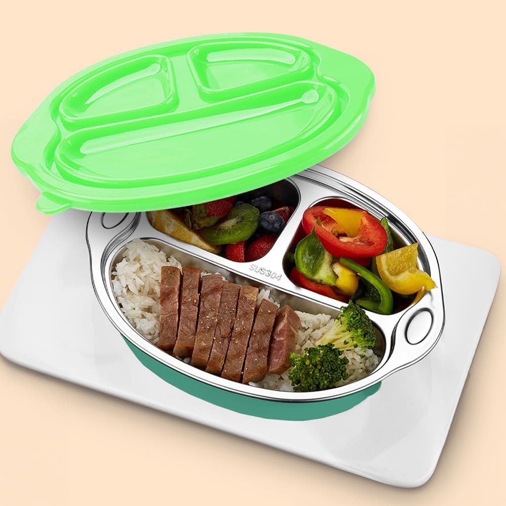 StarAndDaisy Stainless Steel Kids Dinner Plates with Three Compartments, Spill-Proof & Mess-Free Feeding for Babies - Green