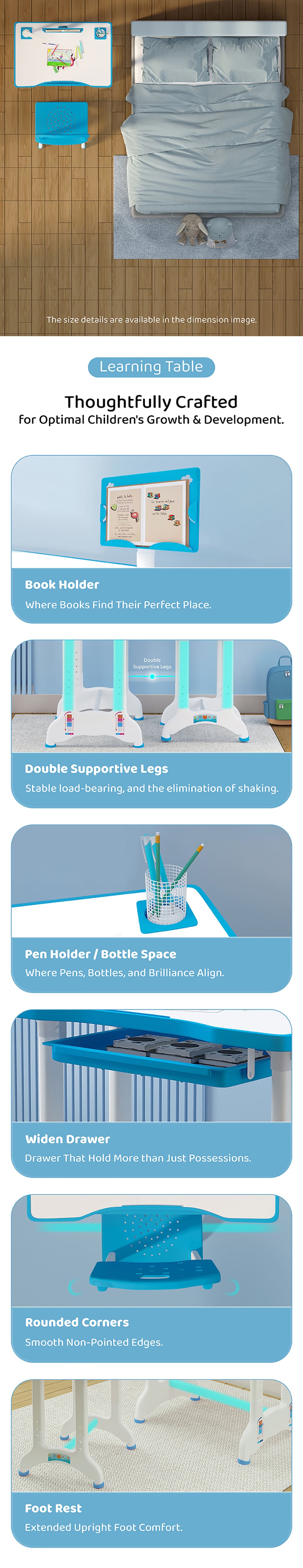 Kids Study Table Desk and Chair with Book Holder, Storage and LED Lights