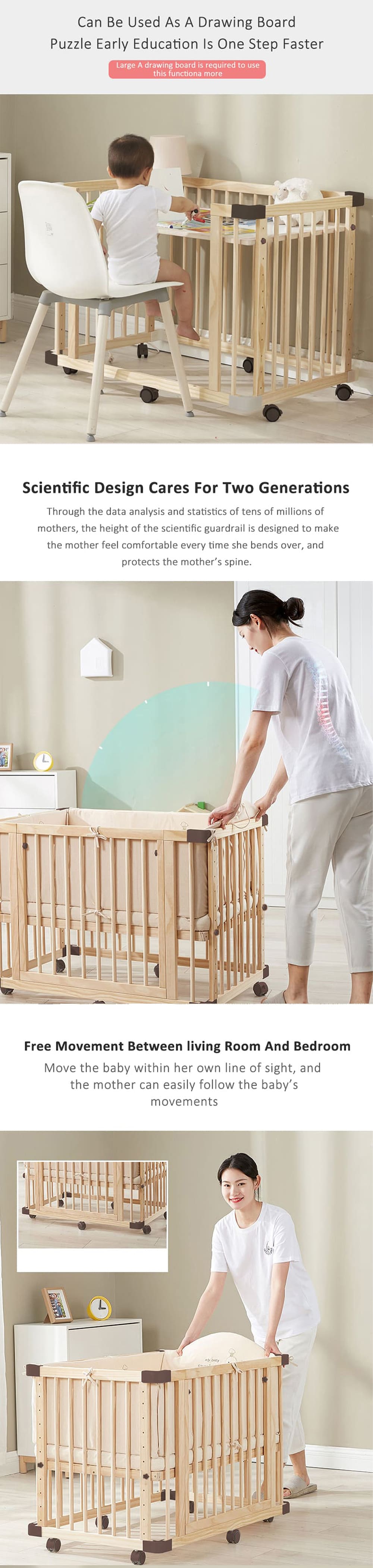 Multifunctional Baby Wooden Cot