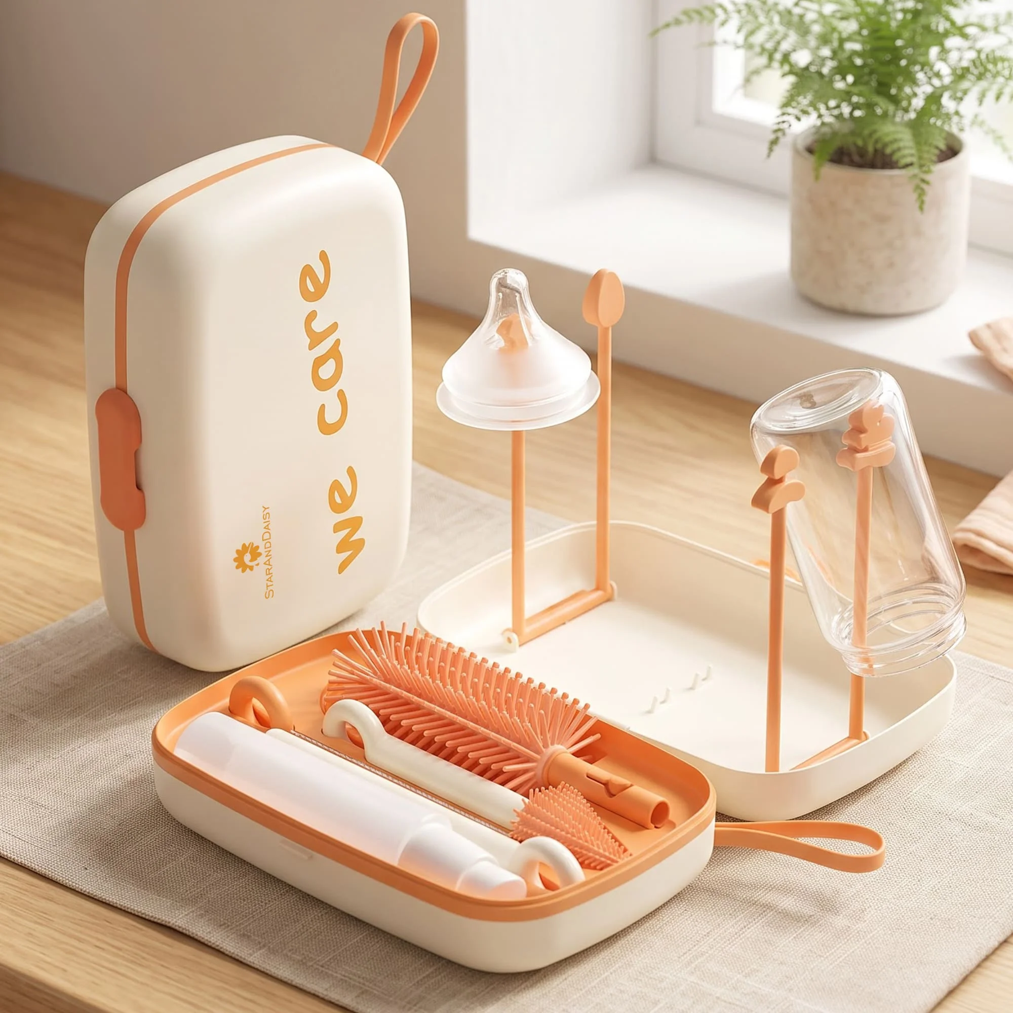 StarAndDaisy Baby Bottle Cleaner Brush Set with Removable Draining Tray – Baby Bottles Drying Rack with Storage Box – Orange