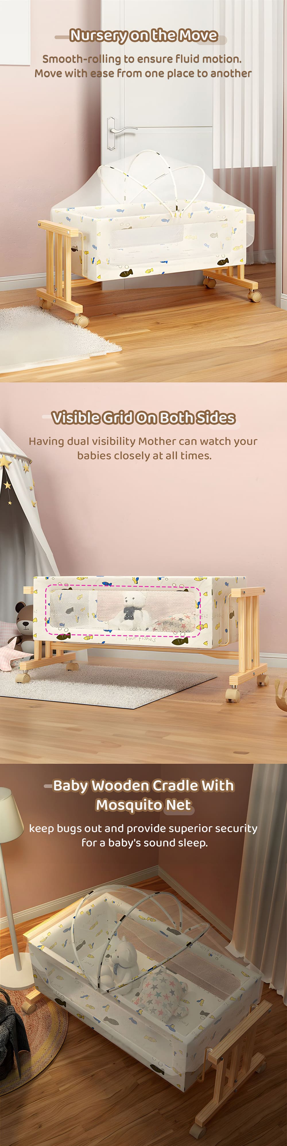 Sayfert Baby Wooden Cradle with Mosquito Net