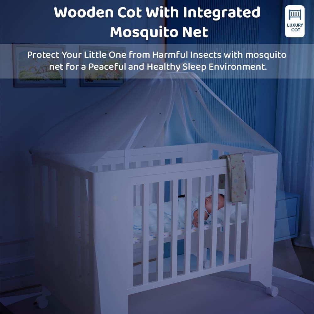 StarAndDaisy Premium Vegas Wooden Cot Crib Bed for Baby with Mattress, Mosquito Net & Adjustable Stand