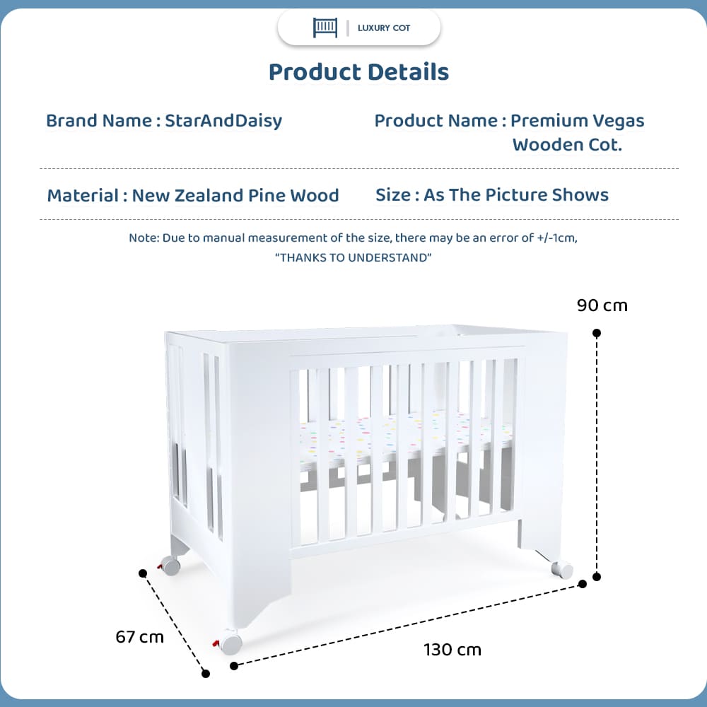 StarAndDaisy Premium Vegas Wooden Cot Crib Bed for Baby with Mattress, Mosquito Net & Adjustable Stand