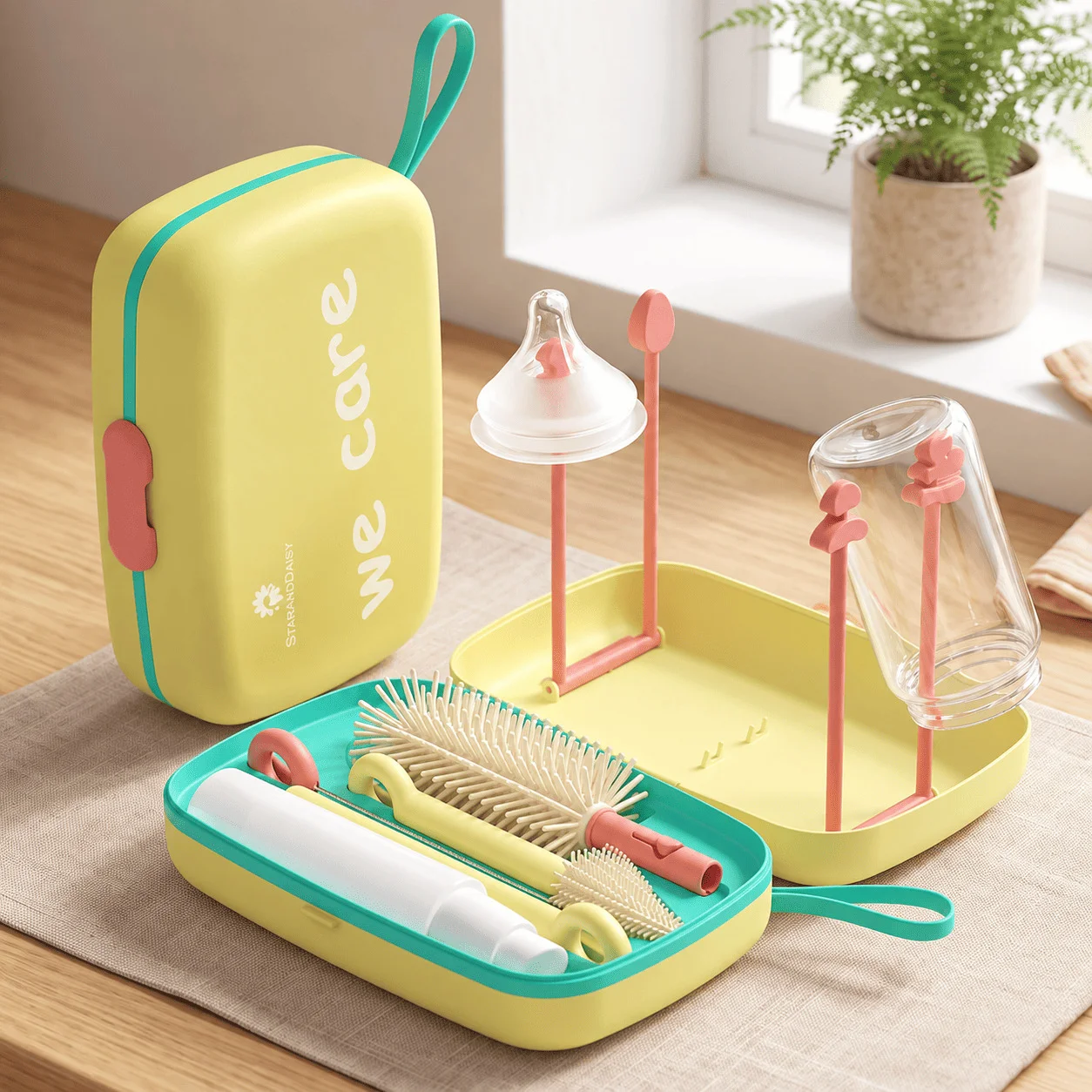 StarAndDaisy Portable Baby Bottle Drying Rack with Removable Draining Tray and Cleaning Brush Set with Storage Box – yellow