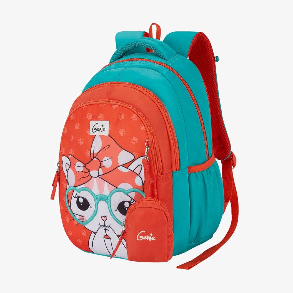 Genie Paw Premium School Bag For Girls, Water Resistant and Lightweight Bags, Easy to Carry Bags for Girls - Coral