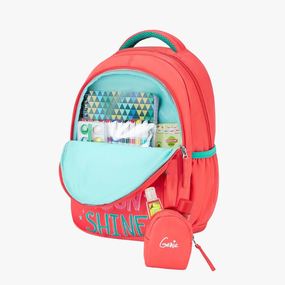 Genie Rainbow Children School Bags, with Front Zippered Pocket, Adjustable Padded Shoulder Straps - Coral