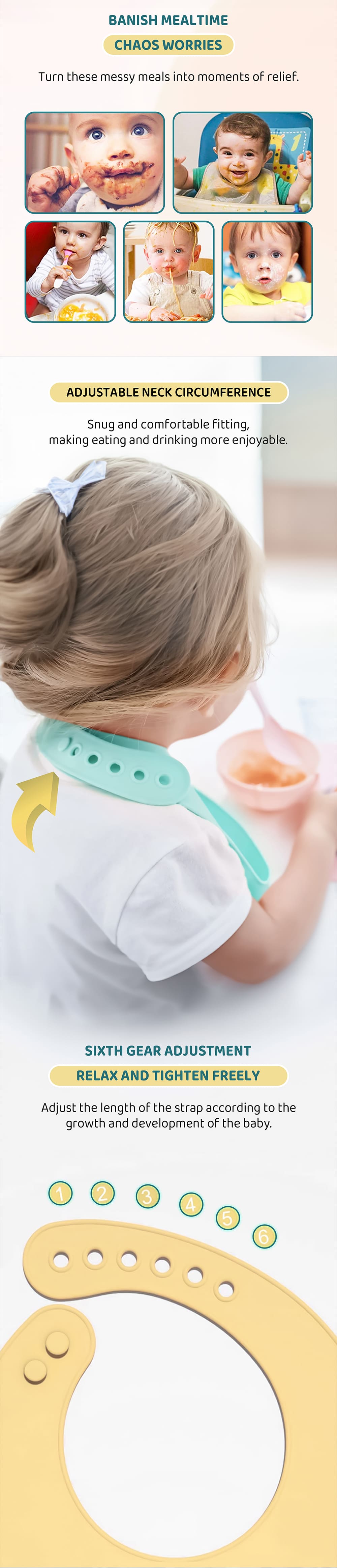 Silicon Feding Bibs with 6 Adjustable Neck Button