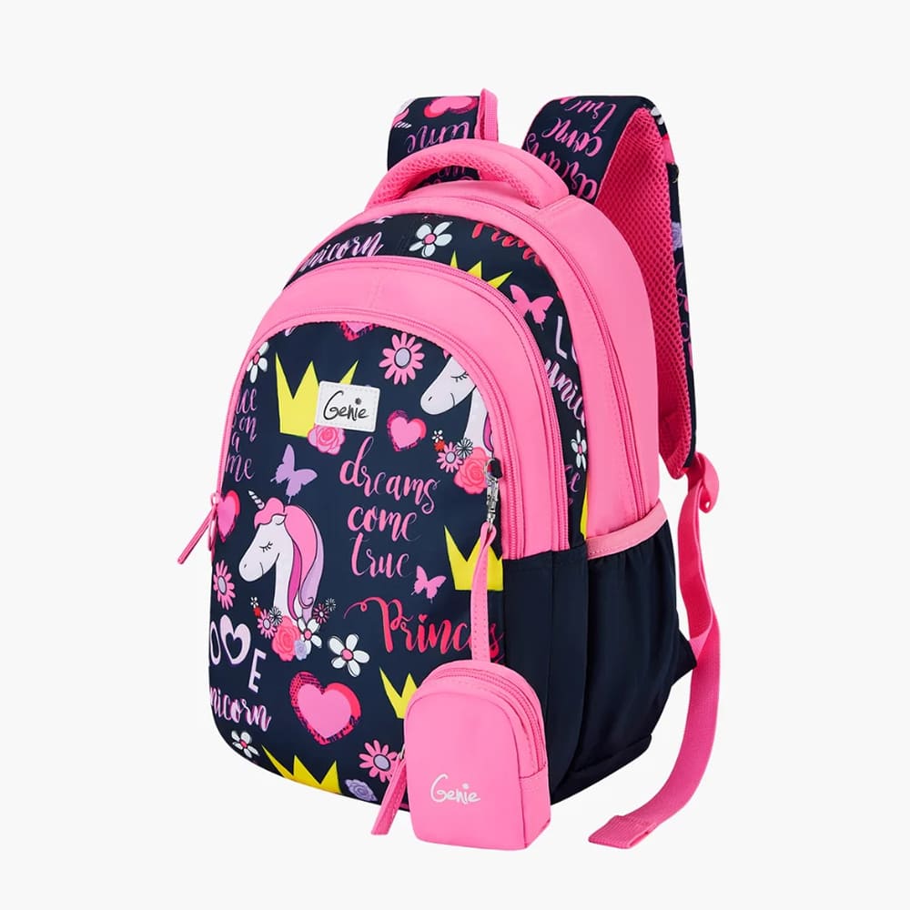 Genie Unicorn Love Boys & Girls School Bag, with Bottle Holder & Adjustable Padded Shoulder Strap - Navy Blue