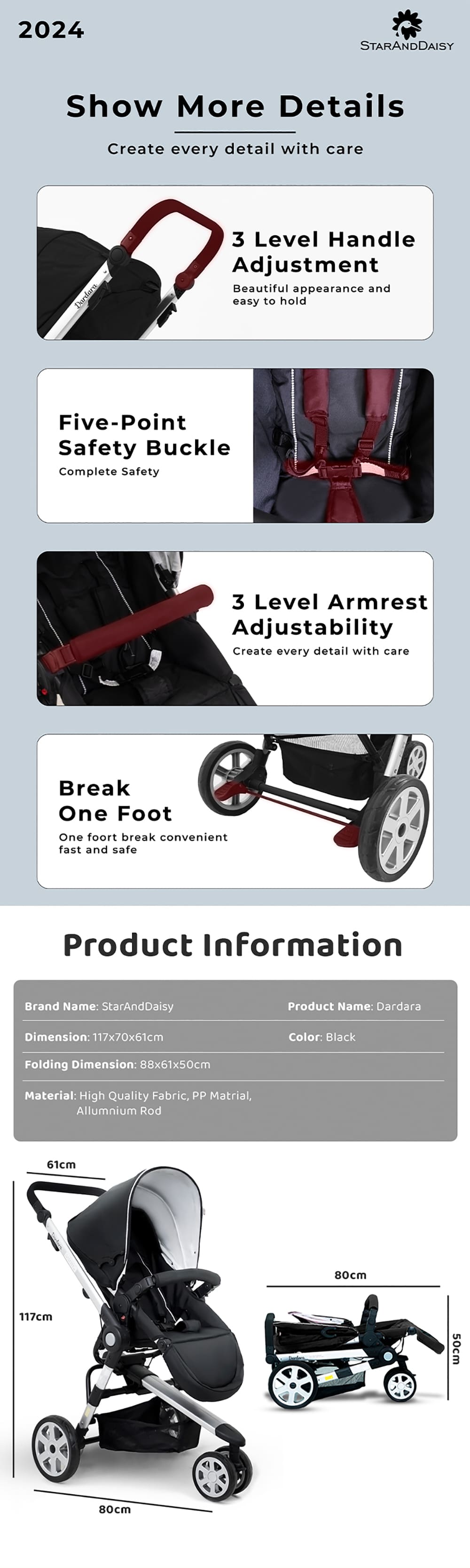 Baby Stroller with Adjustable Armrests and Handlebar