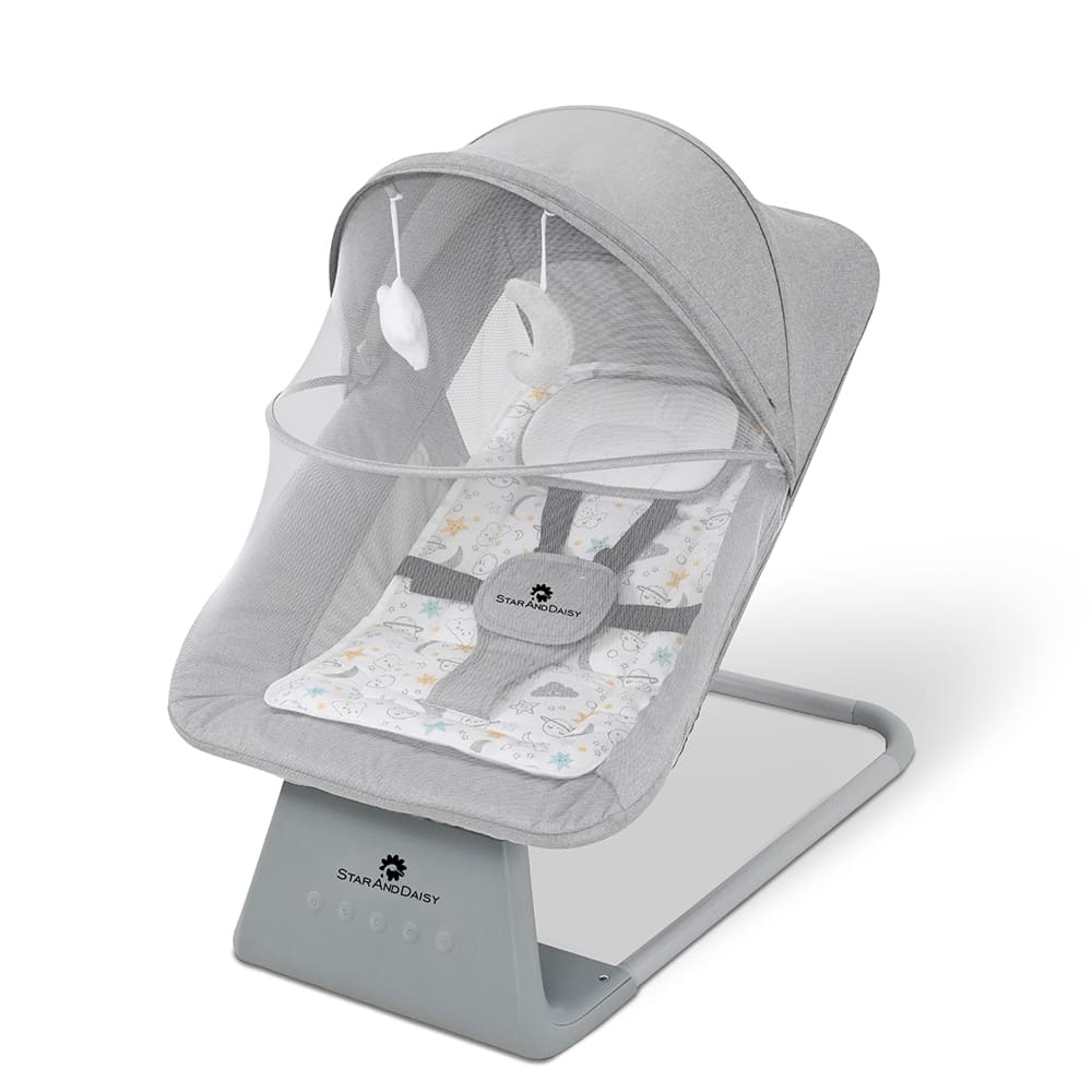 StarAndDaisy Automatic Baby Rocking Chair with Mosquito Net, Reclinable Electric Bouncing Chair with 5-Adjustable Swing - Grey