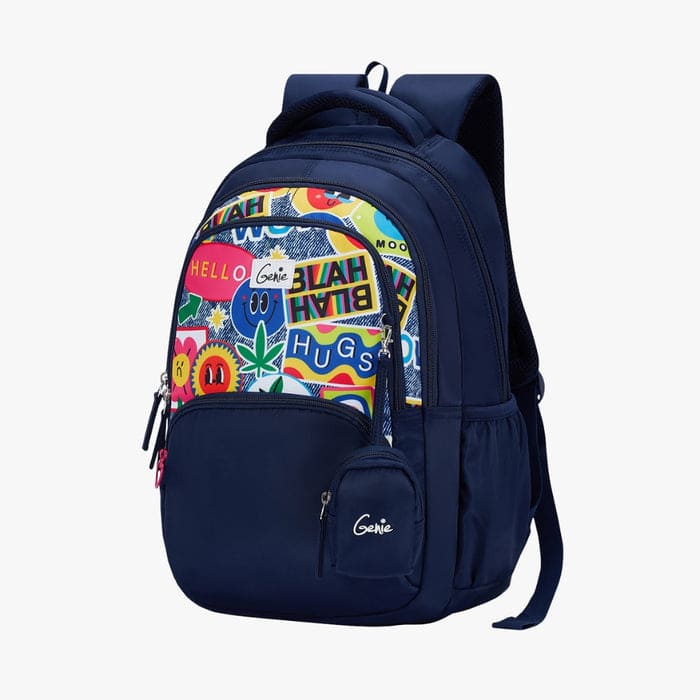 Genie Blah Blah Girls Boys School Backpack with Water Bottle Holders & 1 Extra pouch - Navy Blue