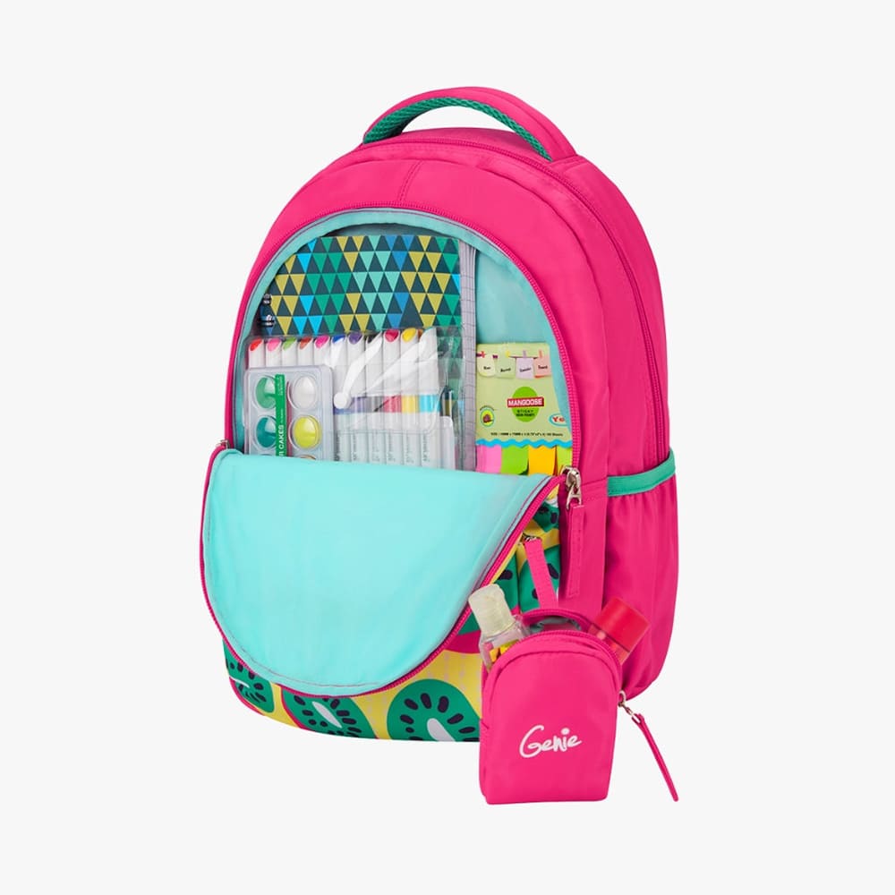 Genie Fruity Backpack For Kids Everyday School Bag with Comfortable Padding & 3 Compartments - Pink