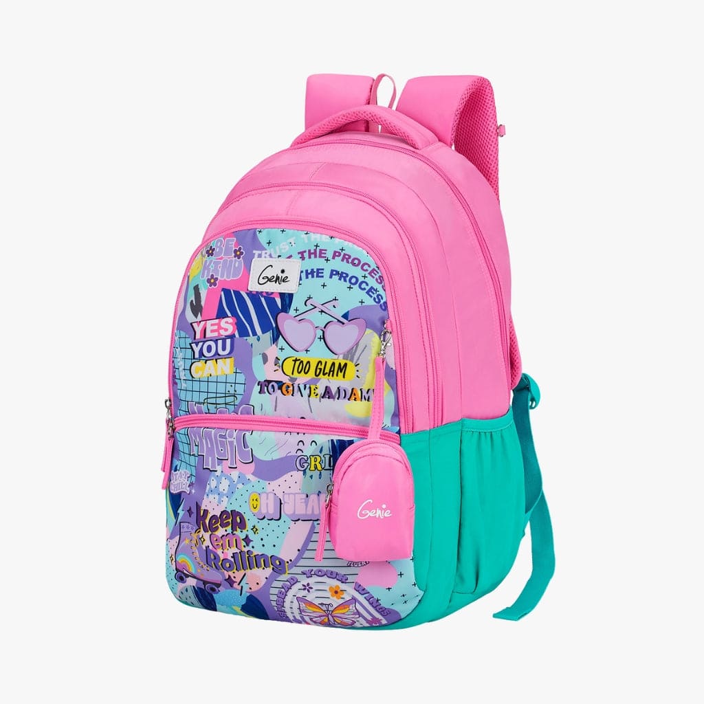 Genie Whimsy Premium Fabric School Backpacks with Easy Access Pockets, Laptop Sleeve, and 36L Spacious Bags - Pink