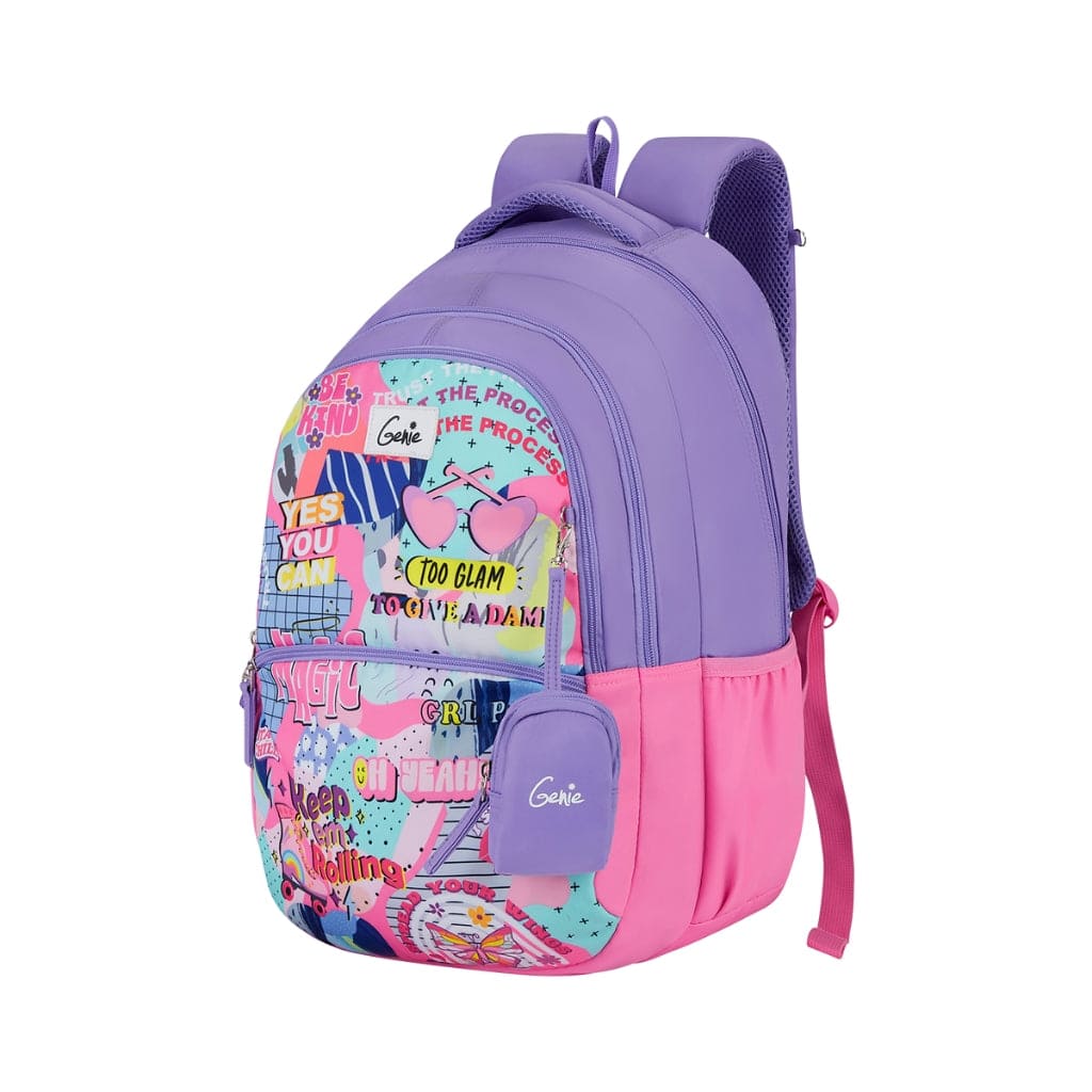 Genie Whimsy Premium Fabric School Backpacks with Spacious 3 Compartments, Laptop Sleeve, and 36L Capacity Bags - Purple