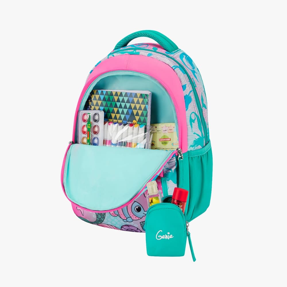 Genie Trendy School Bag for Girls, Waterproof Backpack with Front Zippered Pocket, Adjustable Padded Shoulder Straps - Teal