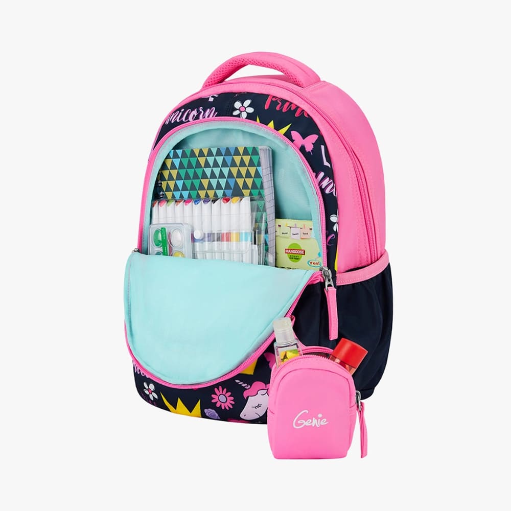 Genie Unicorn Love Boys & Girls School Bag, with Bottle Holder & Adjustable Padded Shoulder Strap - Navy Blue