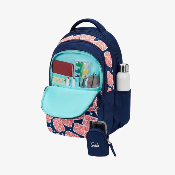 Genie Vibes Trendy School Bag for Boys, Water Resistant and Lightweight Bags with Adjustable Padded Shoulder Straps - Navy Blue