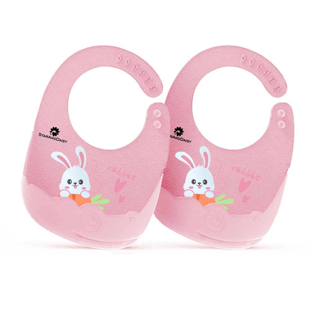 StarAndDaisy Adjustable Silicone Baby Bibs for Mess-Free Feeding, Weaning, Easy Cleaning, and Waterproof -pack of 2-Printed Pink