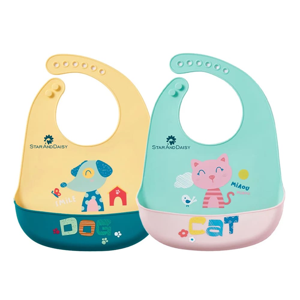 StarAndDaisy Reusable Silicone Bibs for Baby, Cute Printed Bib with Adjustable Buttons - Pack of 2-Printed Yellow & Green
