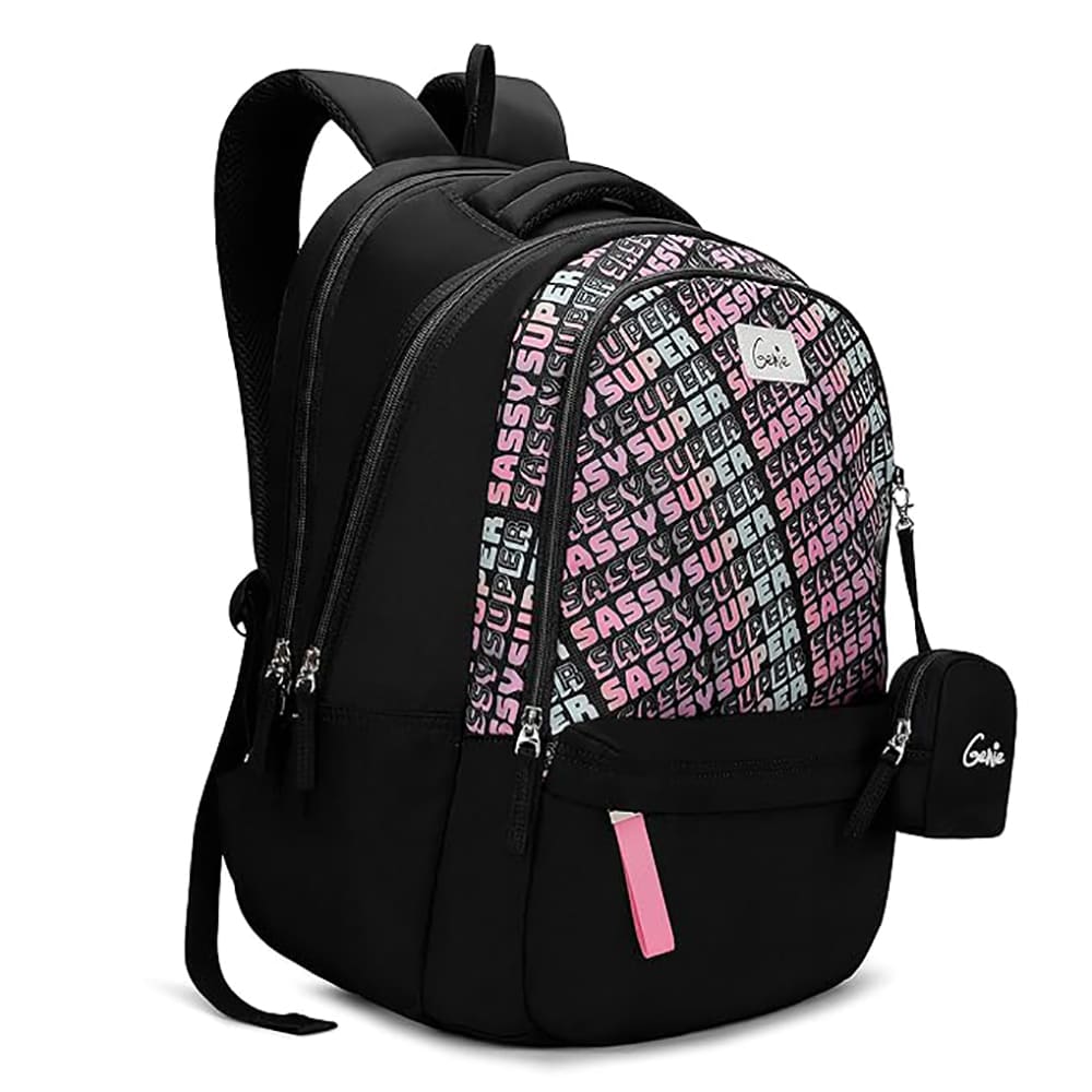 Genie Sass printed School Bag for Children and Raincover Bags with Water Resistance feature for Boys & Girls - Black