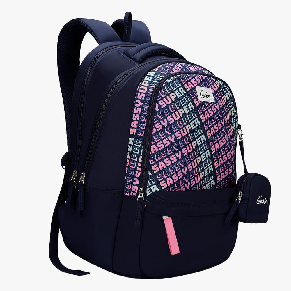 Genie Sass Printed School Bag for Kids and Raincover Backpack with Water Resistance feature for Boys & Girls - Navy Blue