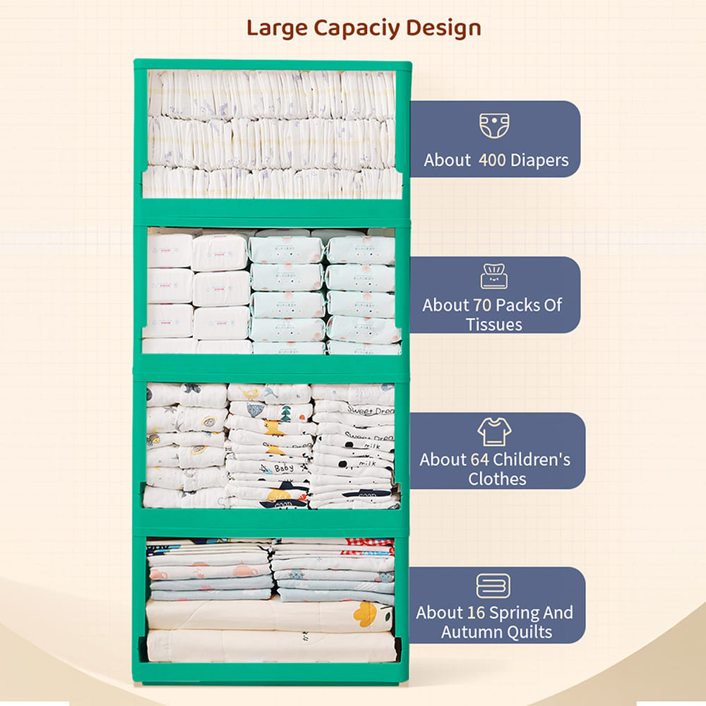 StarAndDaisy Multipurpose Storage Cabinet for Kids with Double Doors, Convertible Drawers Design & 3 Stackable Cuboids - Green
