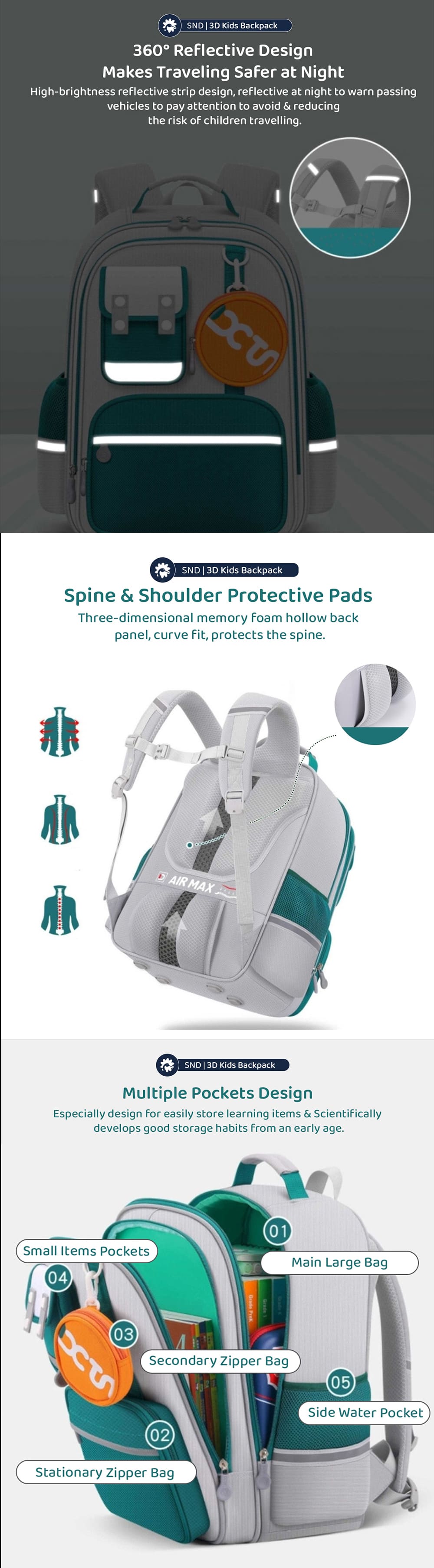 3D Kids School Bags with Reflective Design