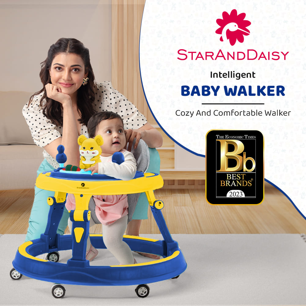 StarAndDaisy Activity Walkers for Toddlers, Multifunctional Intelligent Early Education Baby Walker with Toy Tray (Dark Blue & Yellow)