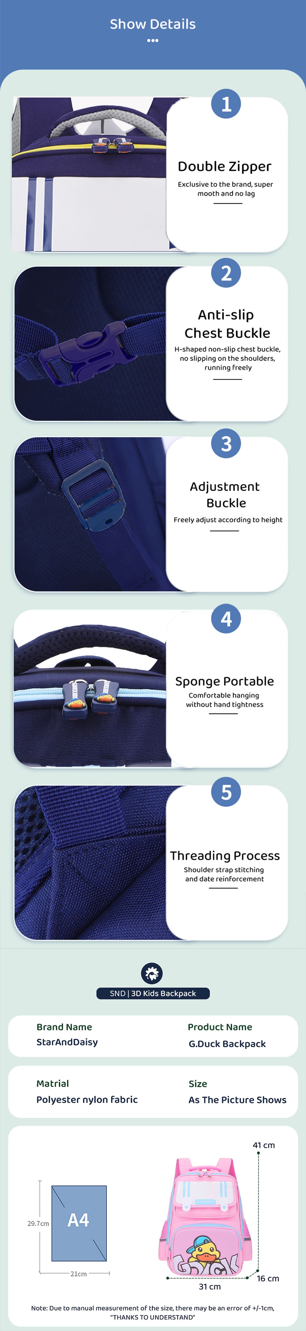 Specification of Kids School Backpack