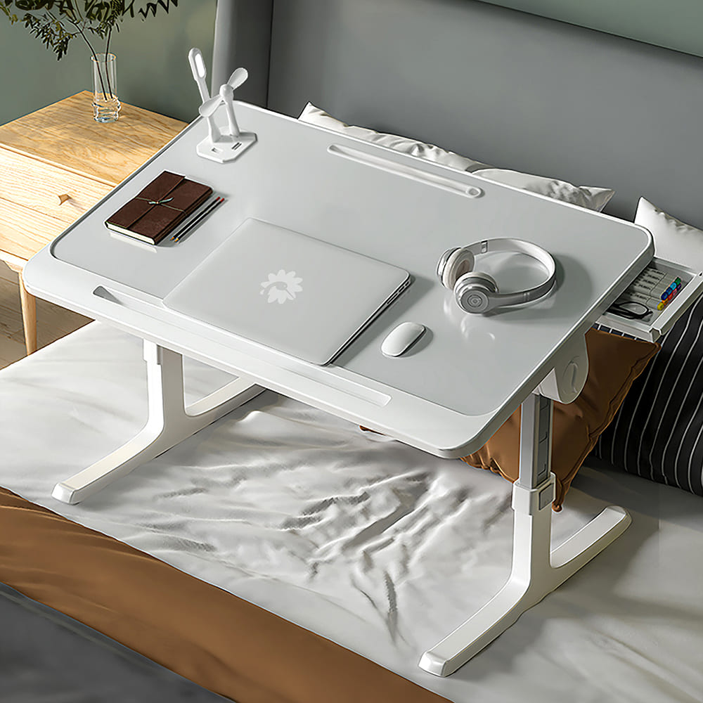 StarAndDaisy Multipurpose Laptop Table | Foldable Bed Table with USB Fan & Light | Study Table with Drawer & Book Holder (USB-Premium White)