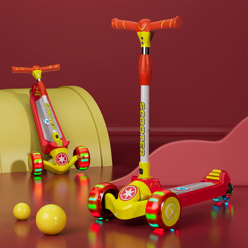 StarAndDaisy Kids Scooter - 3-Wheel Foldable Kick Scooter for Children with 5 Adjustable Height - Red Yellow