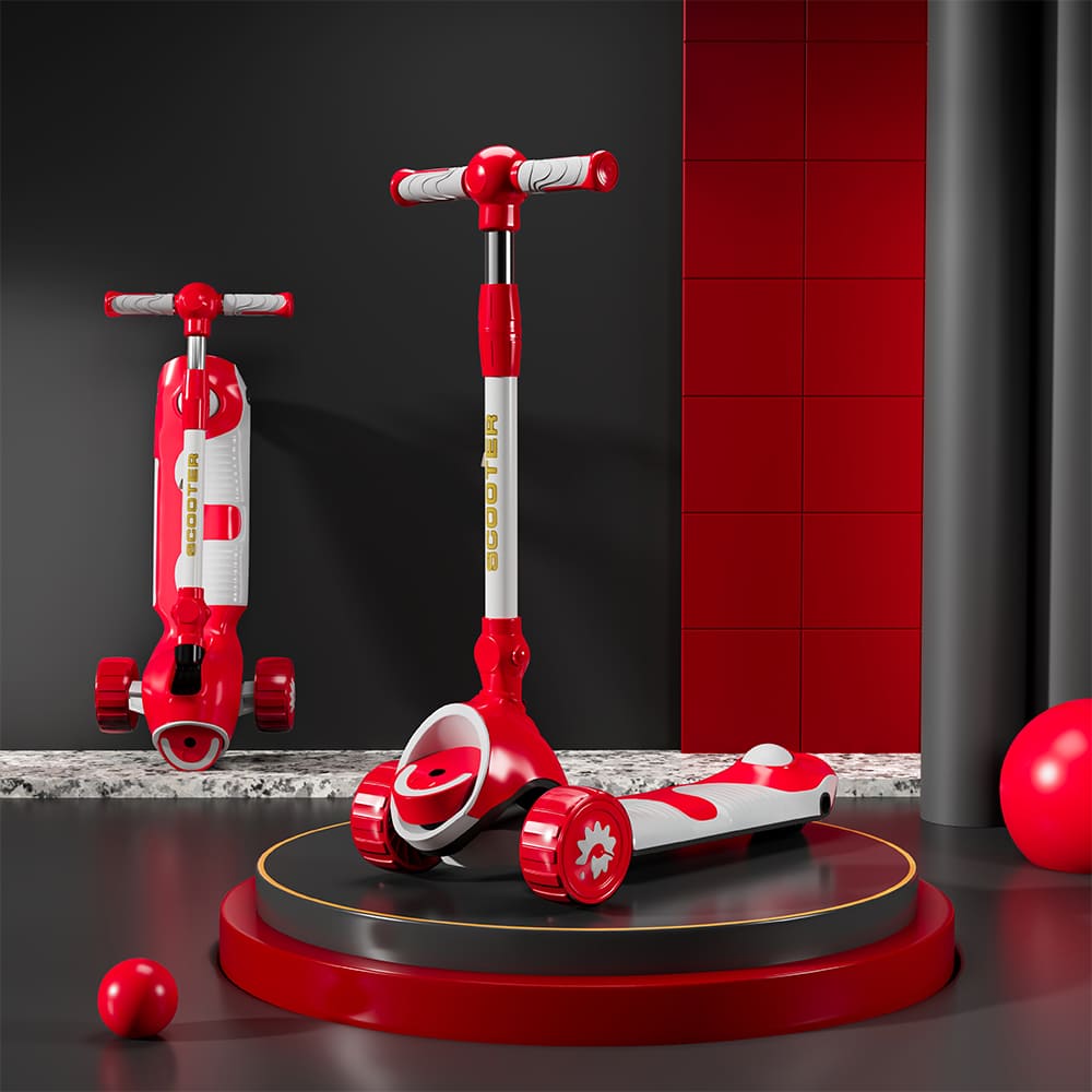 StarAndDaisy Kick On Toddler Scooter for Kids Ages 3-10 Years Old Boy Girl with 3 Wheel LED Lights, Extra-Wide Childrens Foldable Kick Scooter Kids Ages 3-10 with 4 Adjustable Height and Lean-to-Steer (Red)