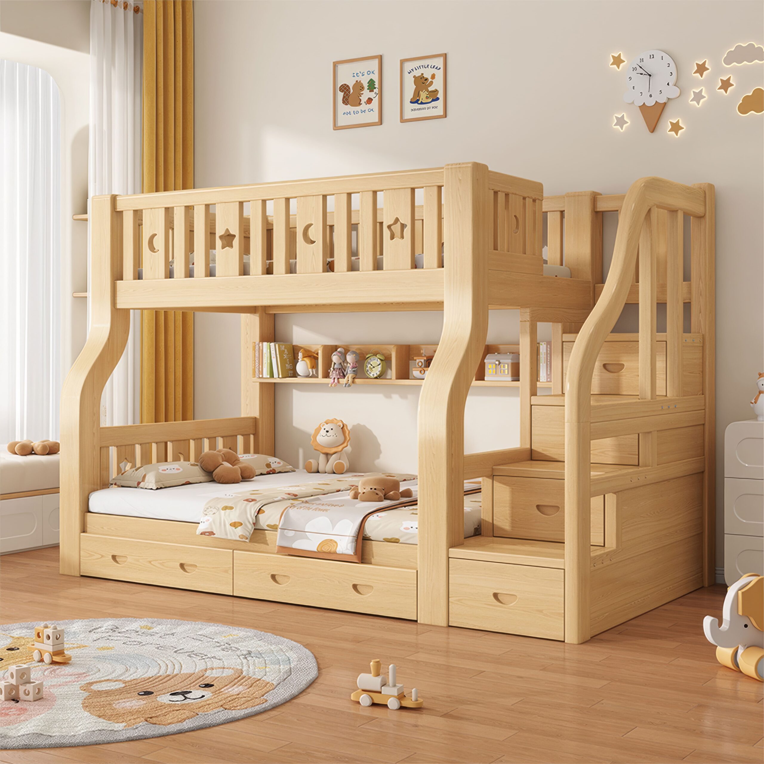 StarAndDaisy Premium Wooden Bunk Bed for Kids with Ladder Cabinets, Double Decker Children's Bed with Bed Guardrail & Bookshelf (A1)
