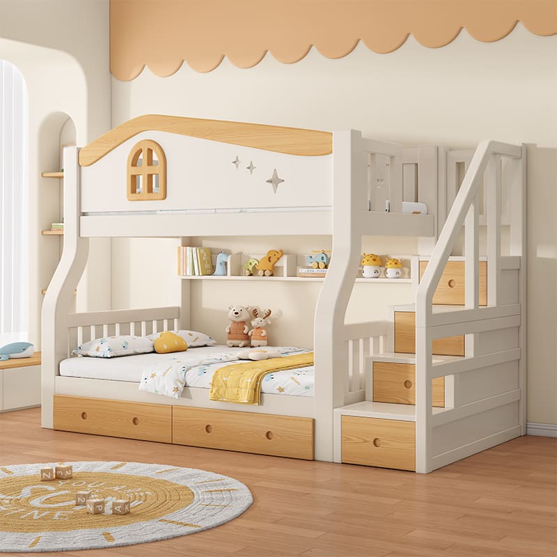 StarAndDaisy Premium White Bunk Bed for Kids with Ladder Cabinets