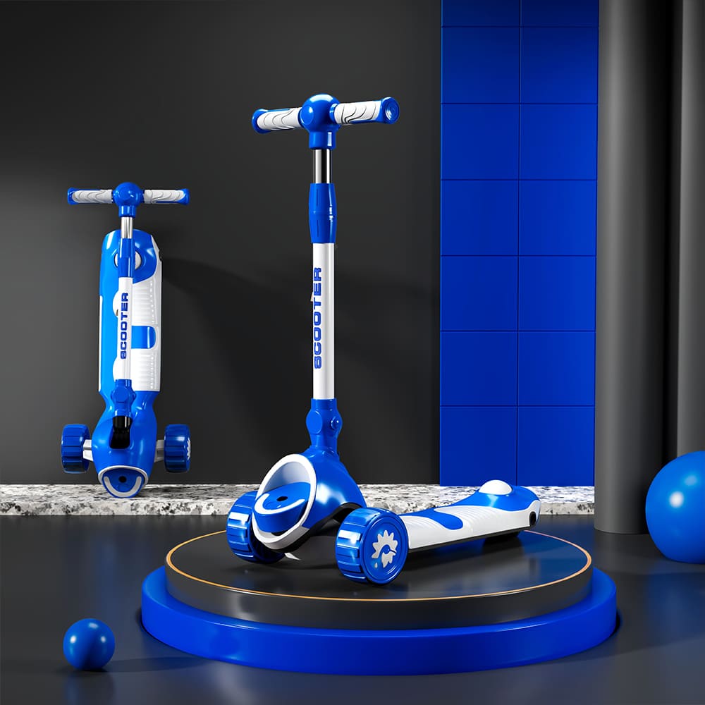 StarAndDaisy Kick On Toddler Scooter for Kids Aged 3-10 Years with 3 Wheel LED Lights, Extra-Wide Foldable Design, 4 Adjustable Heights, Lean-to-Steer (Blue)