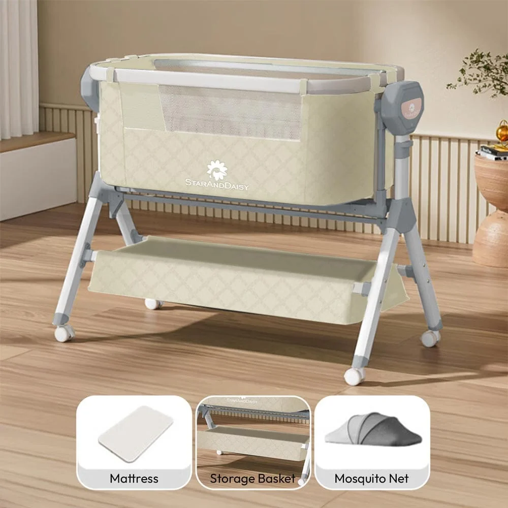 StarAndDaisy Automatic Baby Swing Cradle with Remote Control, Bed Side Baby Bassinet with 5 Levels of Height Adjustable, Mosquito Net & Lockable Wheels,  -White