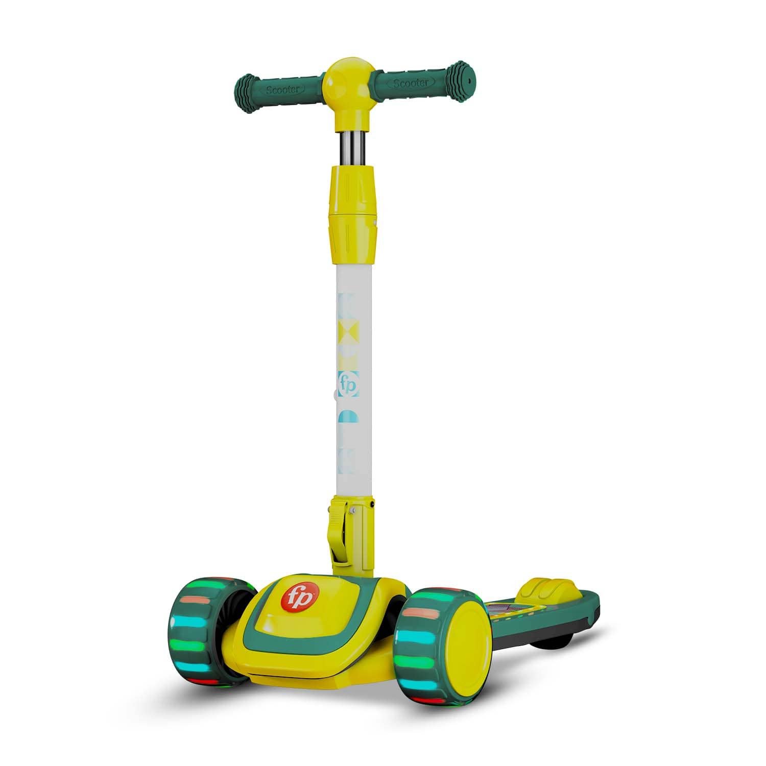 Fisher-Price 3 Wheel Kick Scooter for Kids, Kids Scooter With LED Light and Music for 3 to 12 year Boys & Girls - Green Yellow