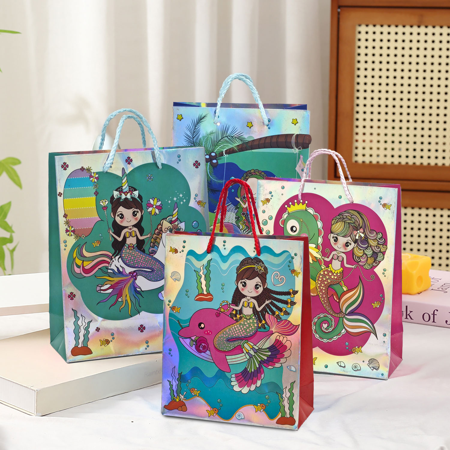 Mermaid Metalic Paper Bag, Birthday Return Gifts For Kids, Weddings, Cartoon Mermaid Bag Party Favor Return Gift Bags for Girls-Assorted Print