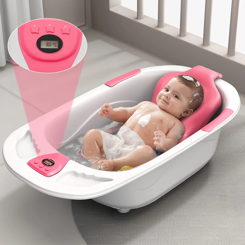 StarAndDaisy Newborn Baby Bath Tub with Bath Seat,  Infants & Toddlers Bathtub with Temperature Sensor & Non-Slip Surface - Pink