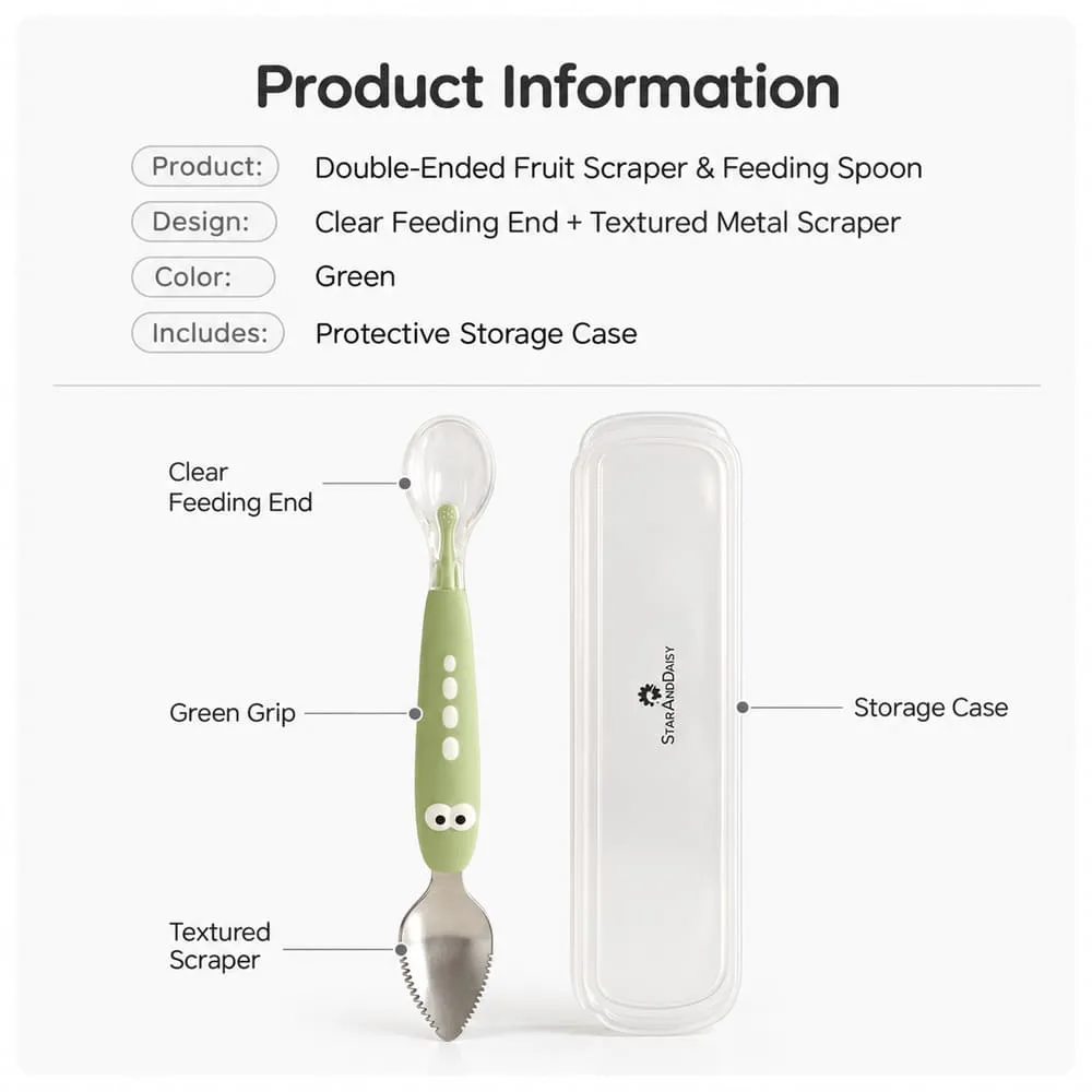 details and dimension of Double-Ended Fruit Scraper & Feeding Spoon green