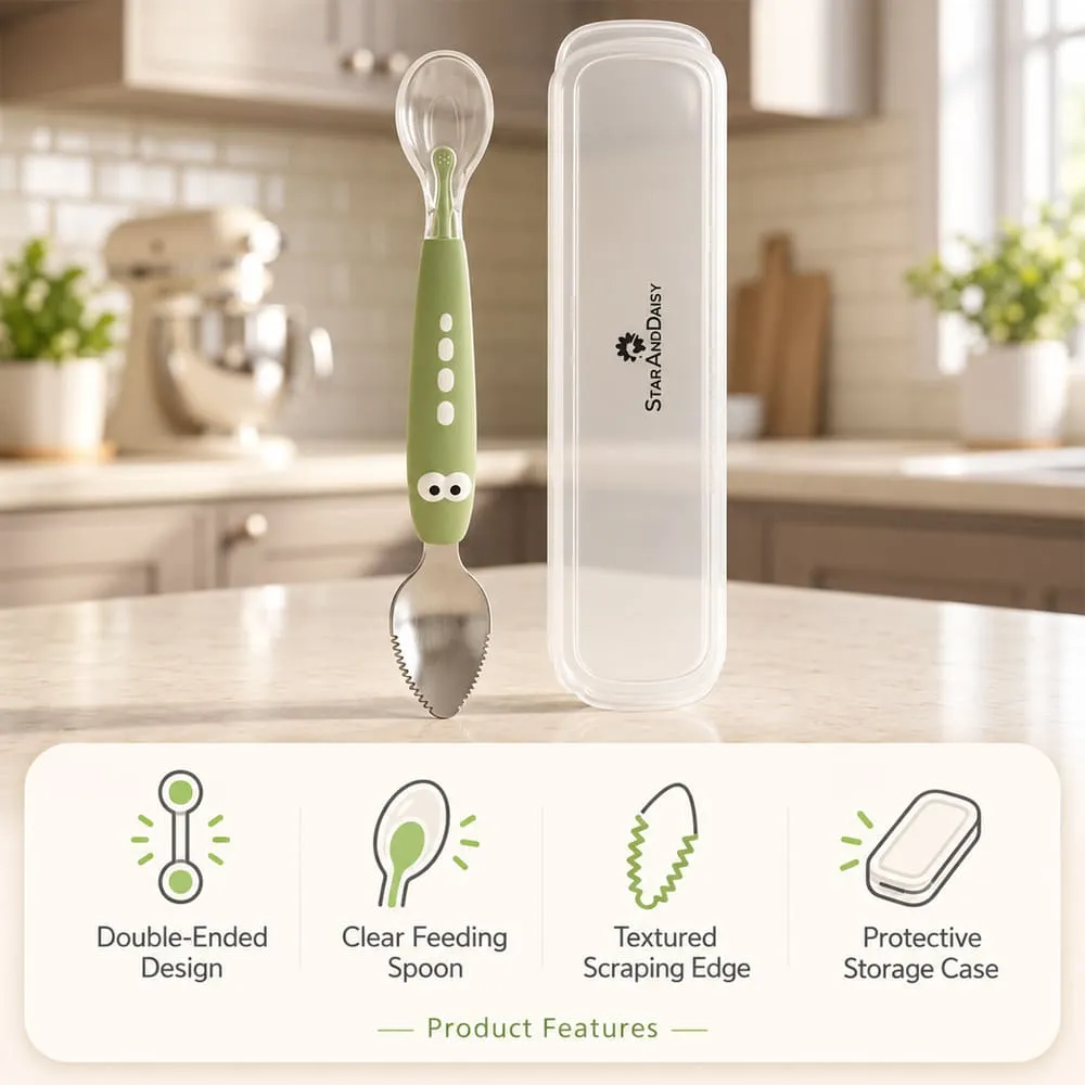 features of Double-Ended Fruit Scraper & Feeding Spoon green