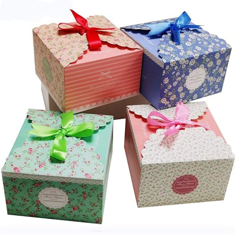 Elegant Ribbon Paper Gift Boxes for Special Occasions, birthday gift box, wedding gift packaging, anniversary favor box- (Assorted Colors & Floral Designs)