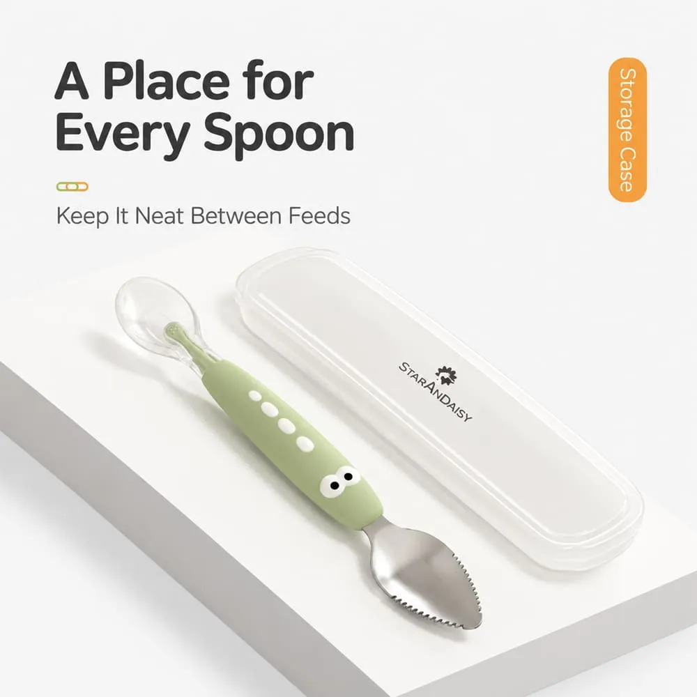 proper placed Double-Ended Fruit Scraper & Feeding Spoon green