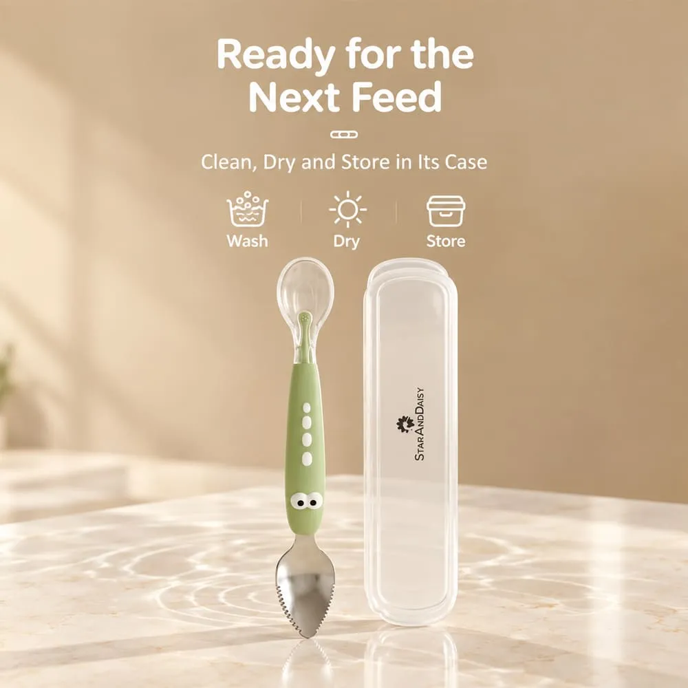 ready for next feed Double-Ended Fruit Scraper & Feeding Spoon green