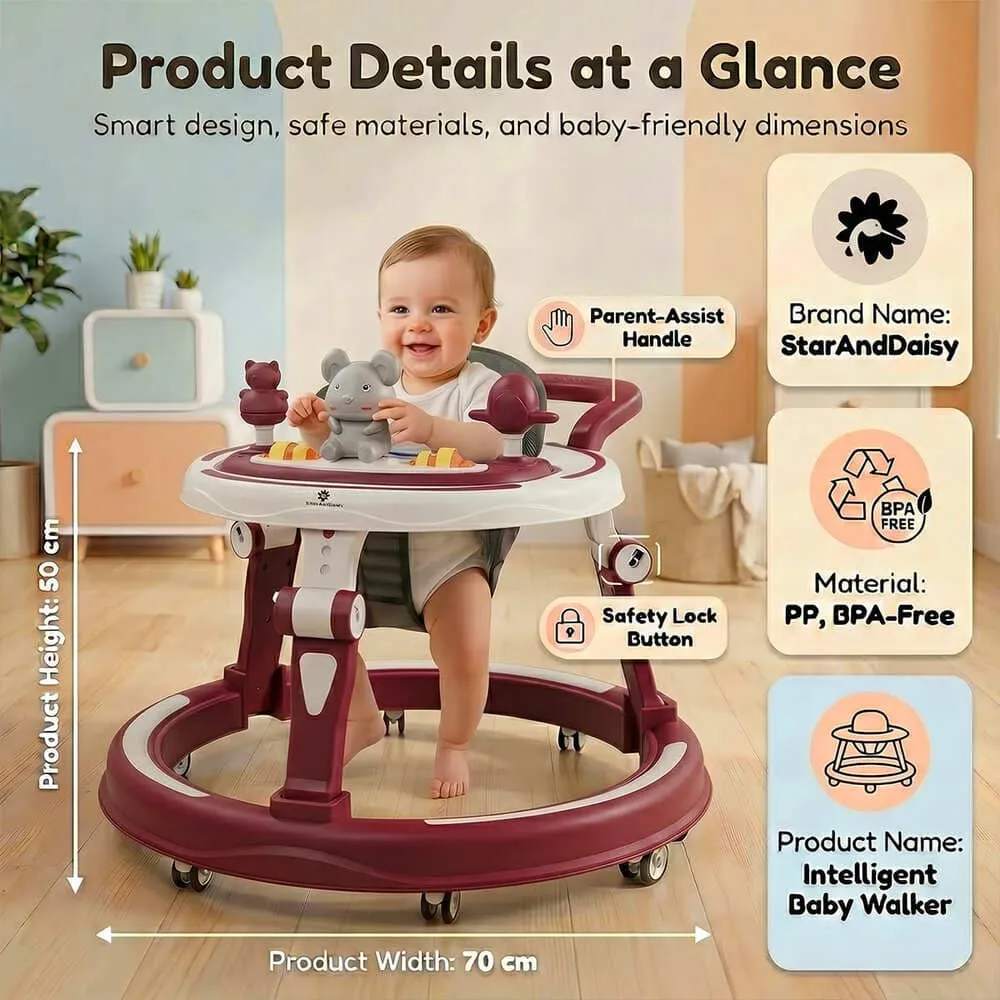 fetures of baby walker with toy tray and lights