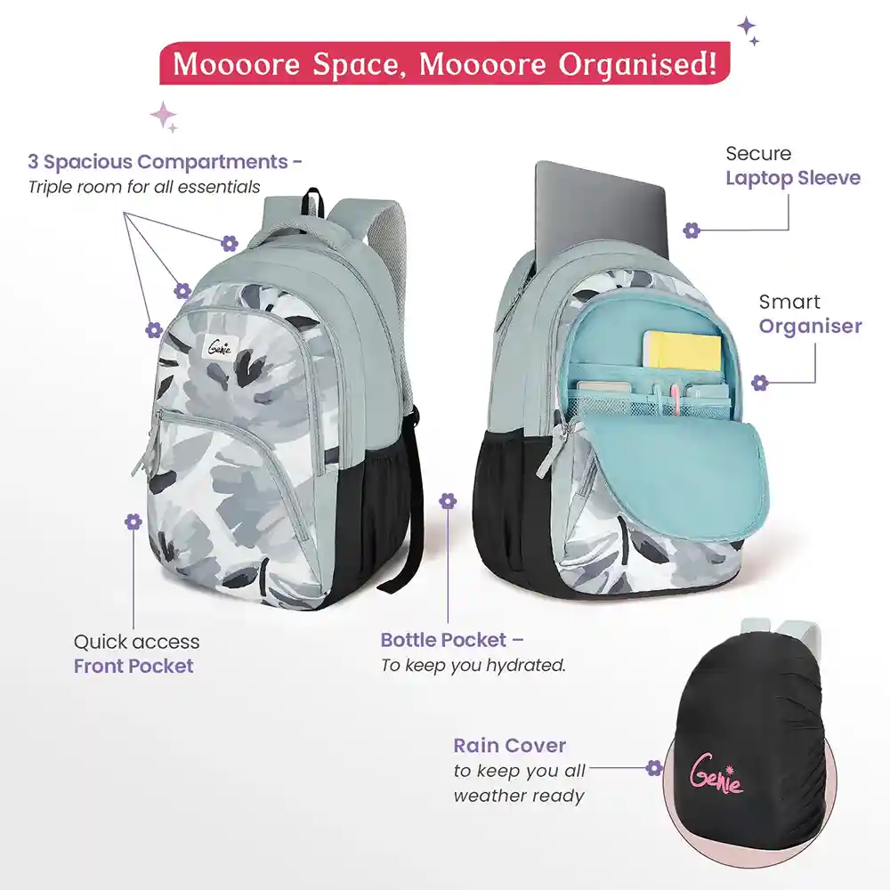 Genie Ruby 36L, Laptop Bag, Multi-Compartment With Rain Cover, Durable, Lightweight, Travel, School Backpack