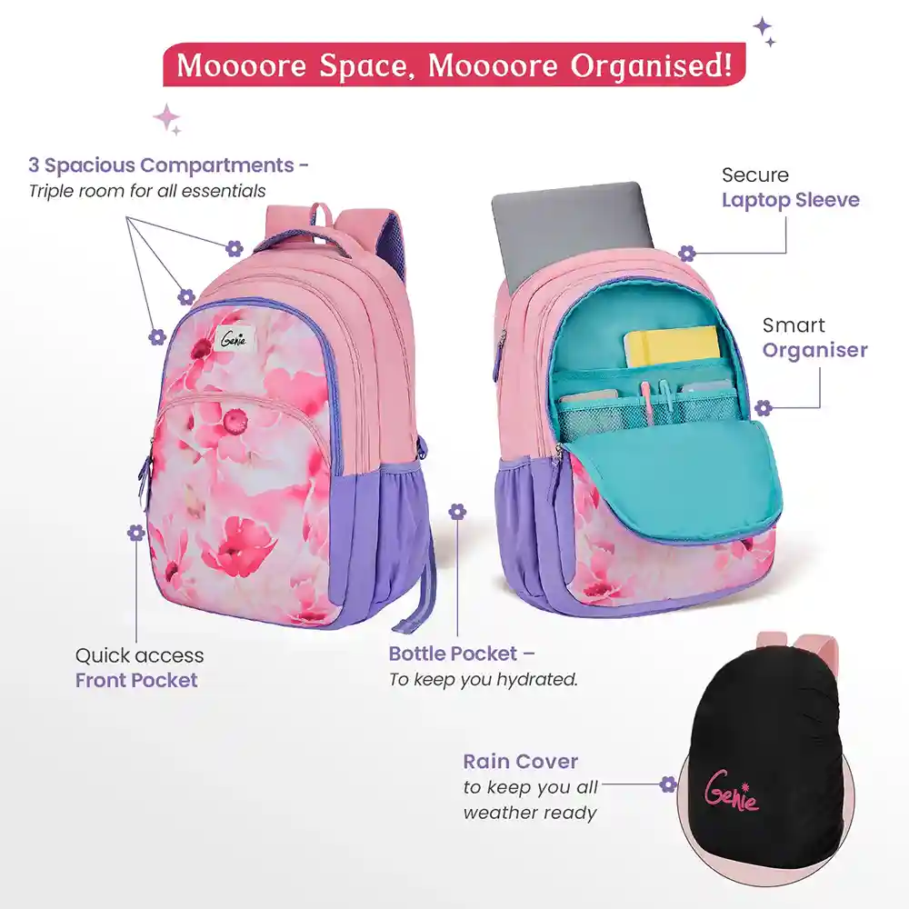 Genie Elsie 36L Laptop Backpack | Spacious, Lightweight & Sturdy | Multi-Compartment Design with Rain Cover | Ideal for Travel & School