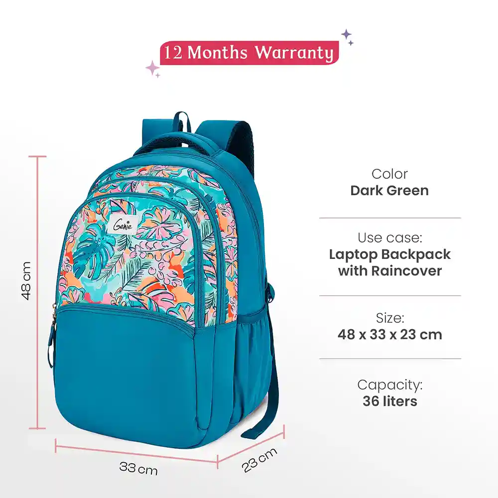 Genie Ruby 36L Laptop Backpack – Multi-Compartment, Lightweight, Durable, with Rain Cover for Travel & School.
